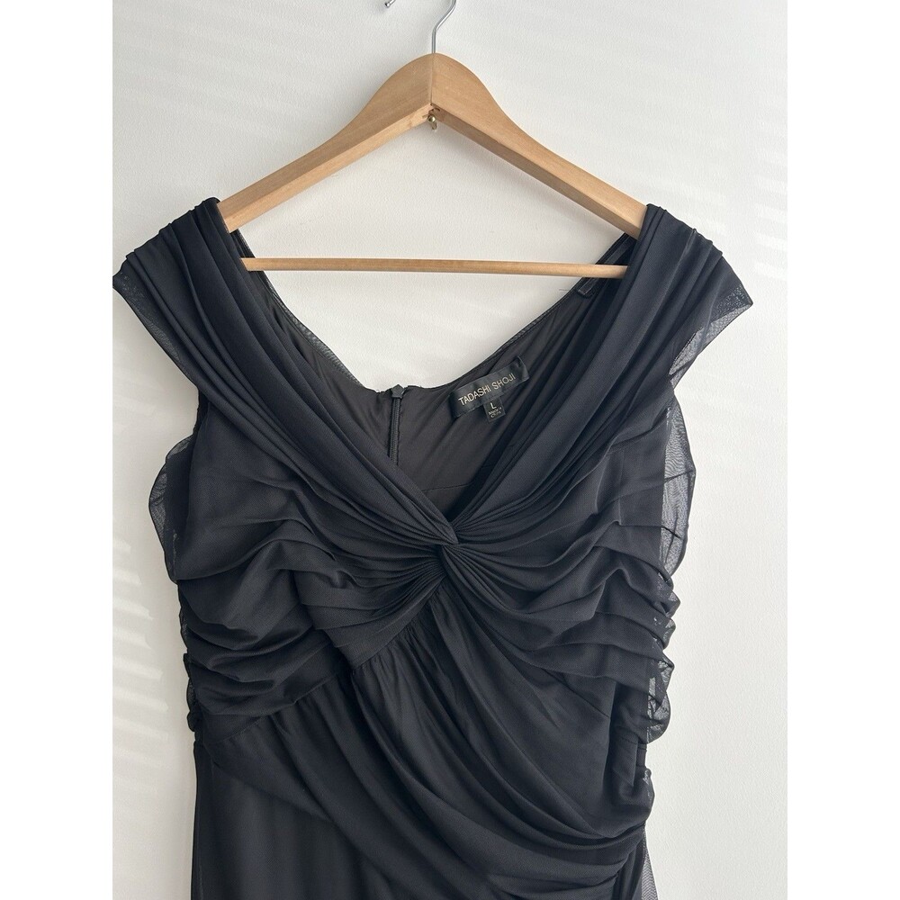 Tadashi Shoji Sz Large Black Off Shoulder Twist Mermaid Mesh Ruched Dress Gown - Picture 3 of 9